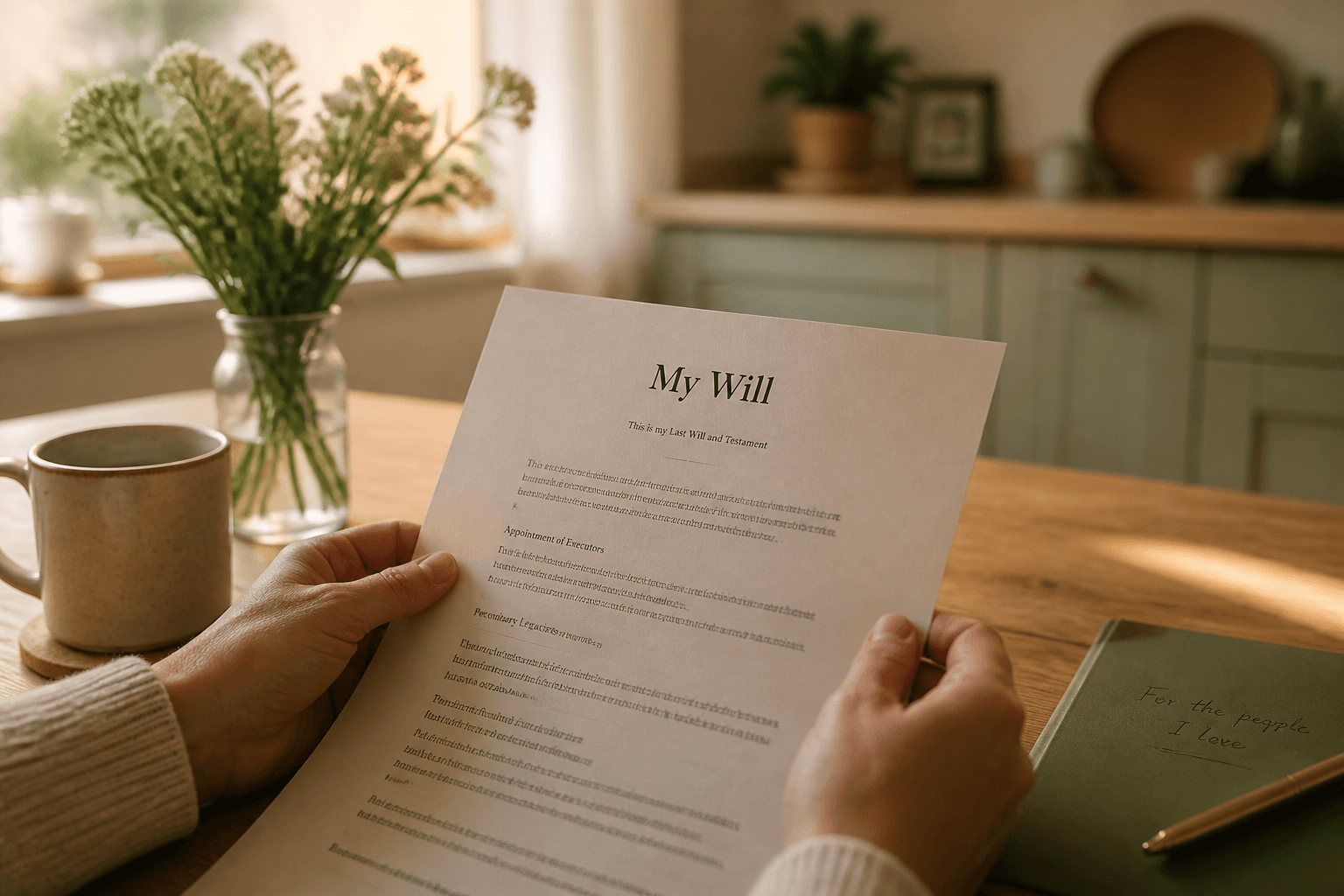 Hands reviewing a will document at a kitchen table in warm morning light