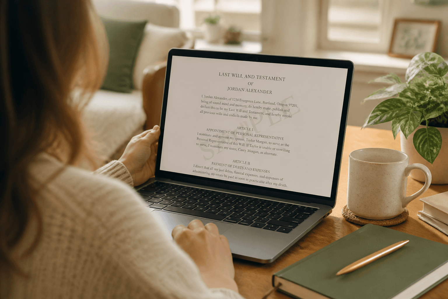 Reviewing a watermarked will draft on a laptop at home